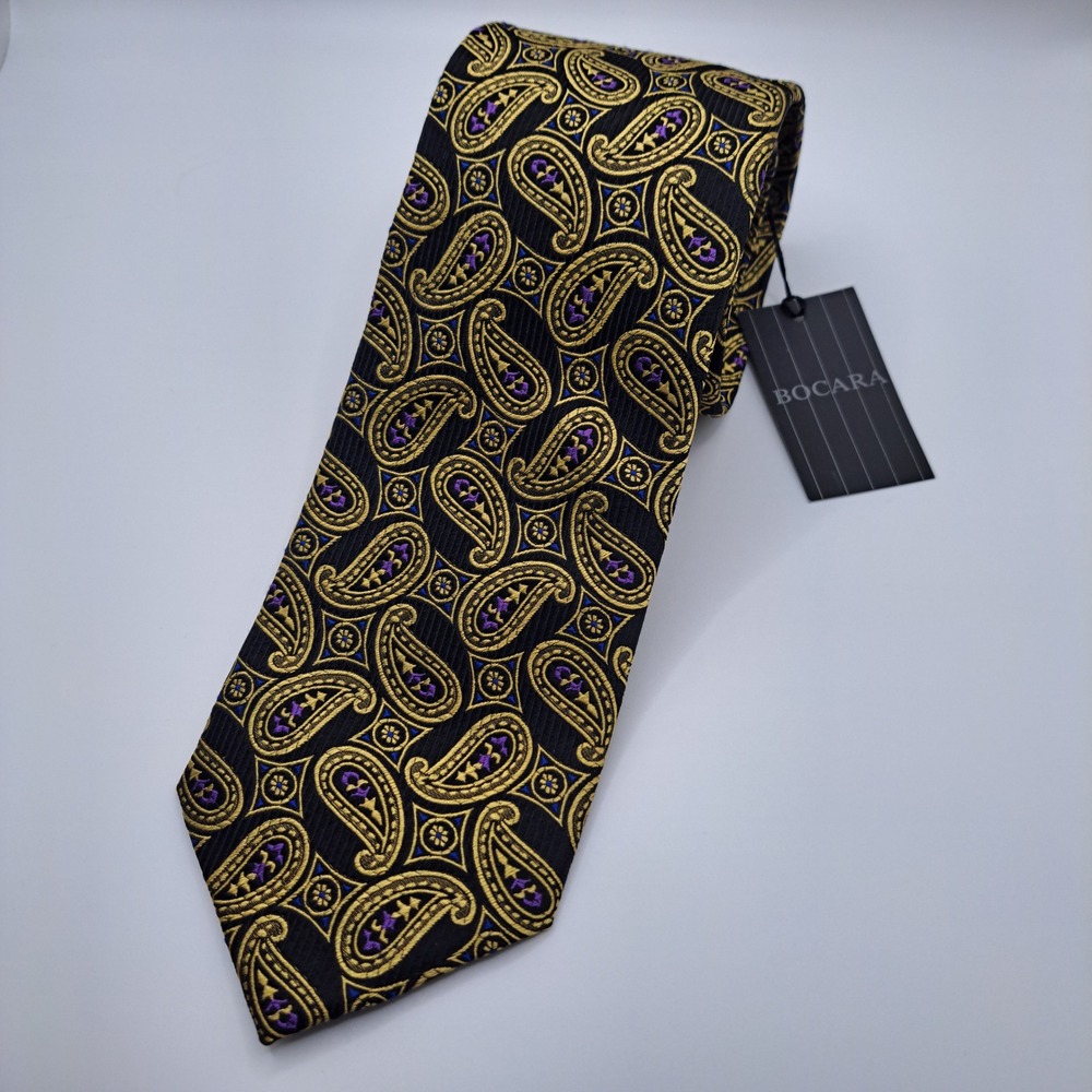 Bocara Silk Tie Mens OS Black Gold Purple Paisley Hand Made Jacquard Luxury